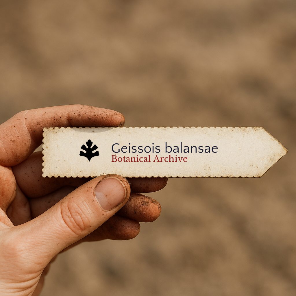Printed plant label for Geissois balansae with botanical archive logo in hand