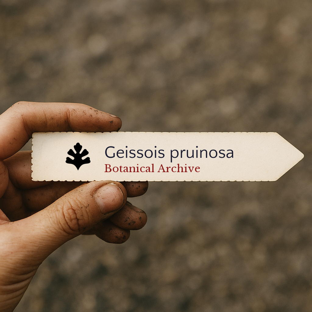 Printed plant label for Geissois pruinosa with botanical archive logo held by hand
