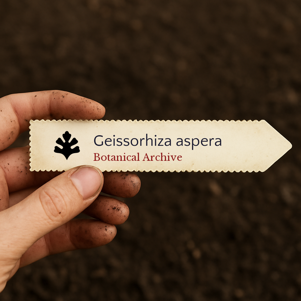 Printed plant label for Geissorhiza aspera held over soil with dirty fingers