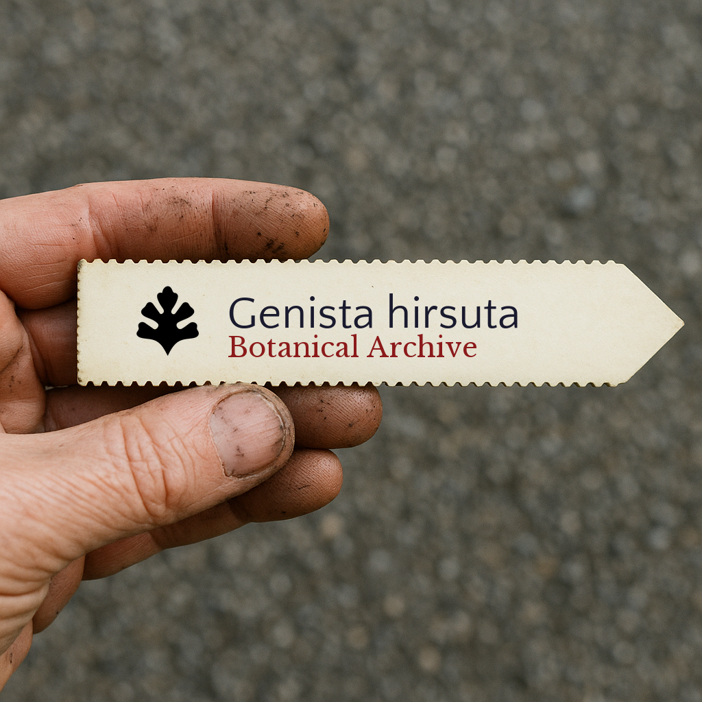 Printed plant label for Genista hirsuta held by hand with soil on fingers
