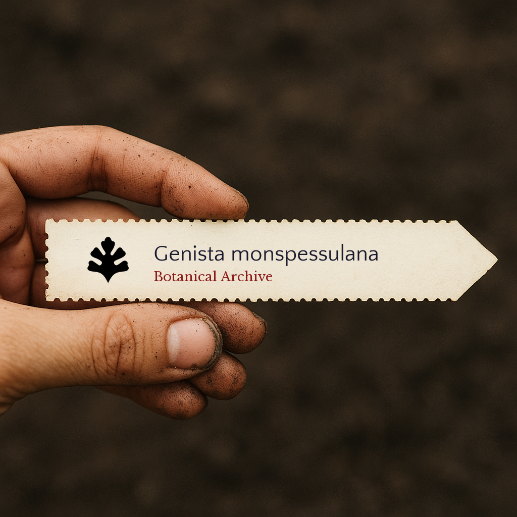 Etichetta per pianta stampata per Genista monspessulana tenuta da mano sporca su sfondo di terreno