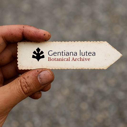 Printed plant label for Gentiana lutea held by hand with soil on fingers