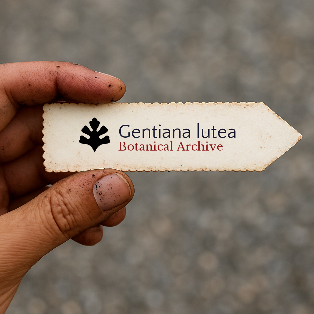 Printed botanical archive label for Gentiana lutea held by hand with dirt-stained fingers