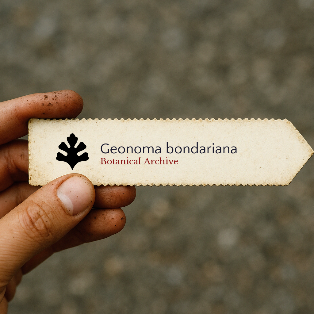 Printed plant label for Geonoma bondariana with botanical archive logo held by hand