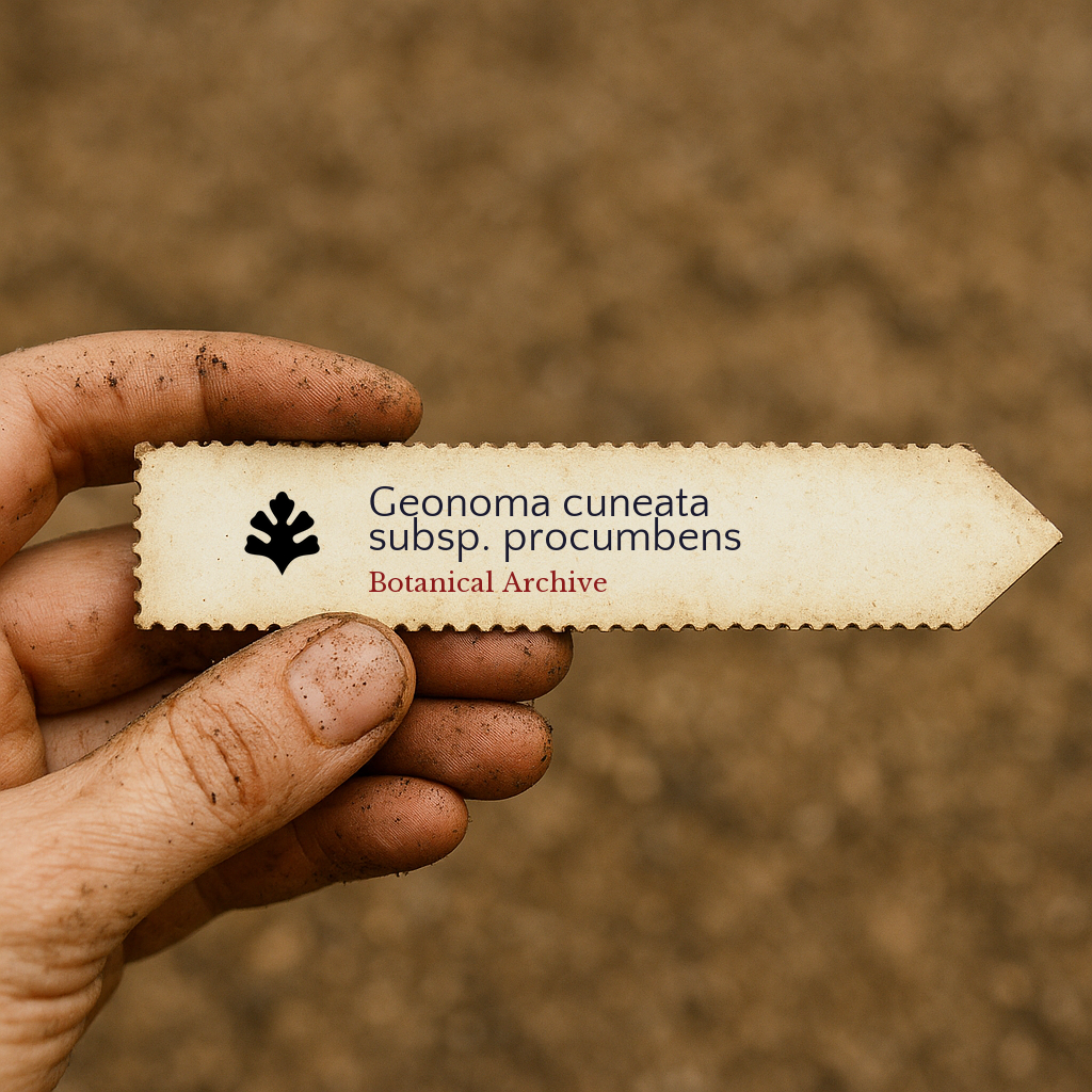 Etichetta della pianta stampata per Geonoma cuneata subsp. procumbens tenuta da una mano sporca all'aperto