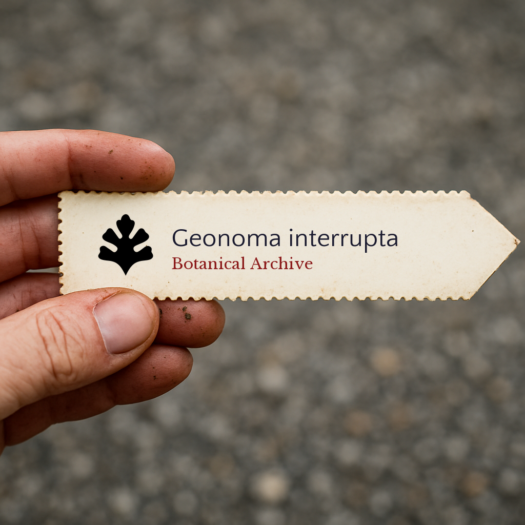 Printed plant label for Geonoma interrupta with botanical archive logo held by hand