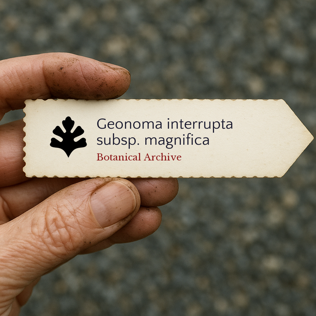Etichetta per pianta stampata per Geonoma interrupta subsp. magnifica tenuta a mano con sfondo di terra