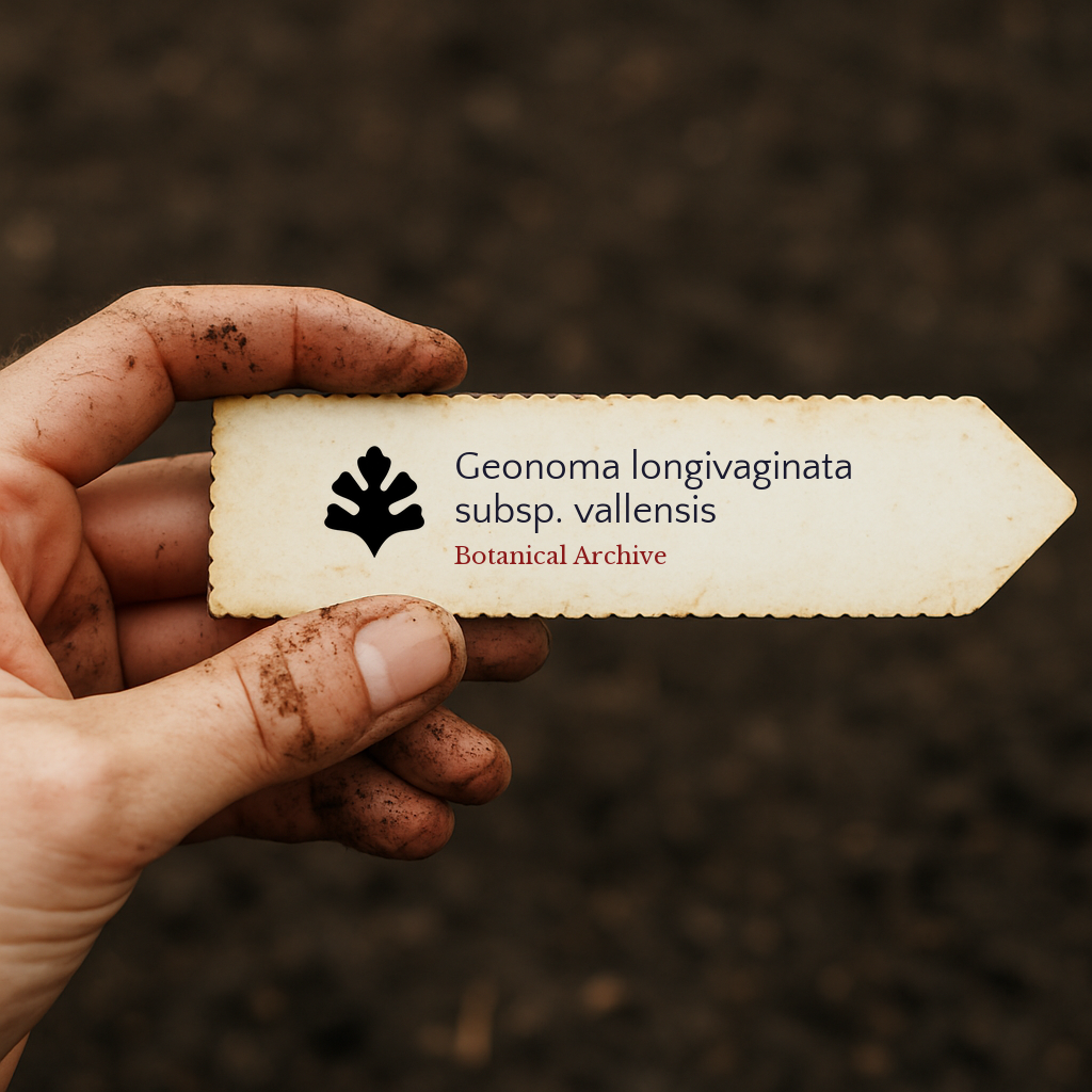 Printed plant label for Geonoma longivaginata subsp. vallensis held by dirty hand outdoors