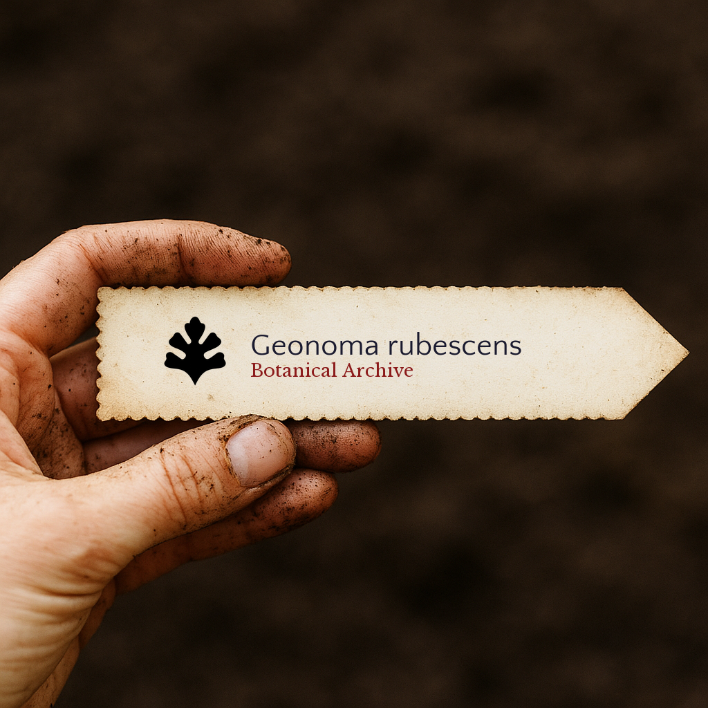 Printed plant label for Geonoma rubescens held by dirty hand over soil background