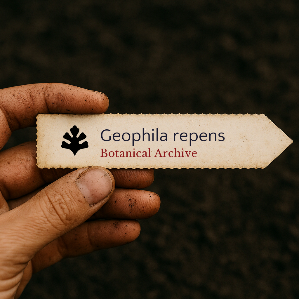 Printed plant label for Geophila repens with botanical archive logo held over soil background
