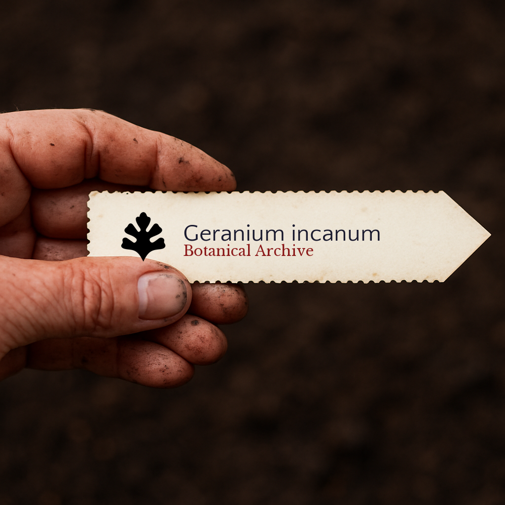 Printed plant label for Geranium incanum held by dirty hand over soil background