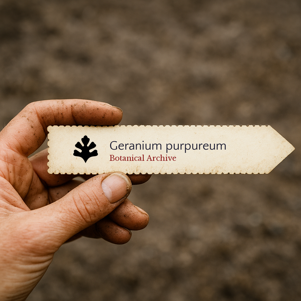 Printed plant label for Geranium purpureum held by hand with soil background