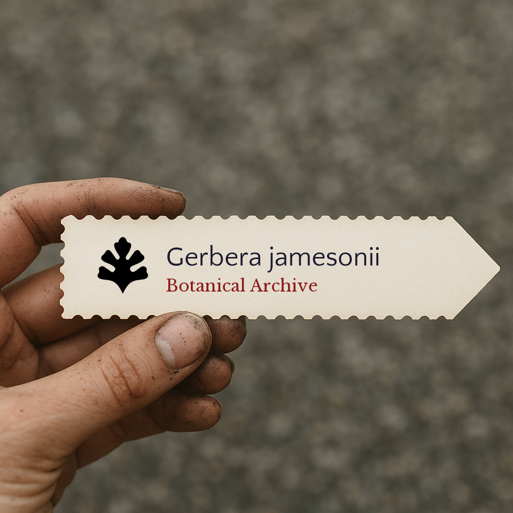 Printed plant label for Gerbera jamesonii with botanical archive logo held by dirty hand