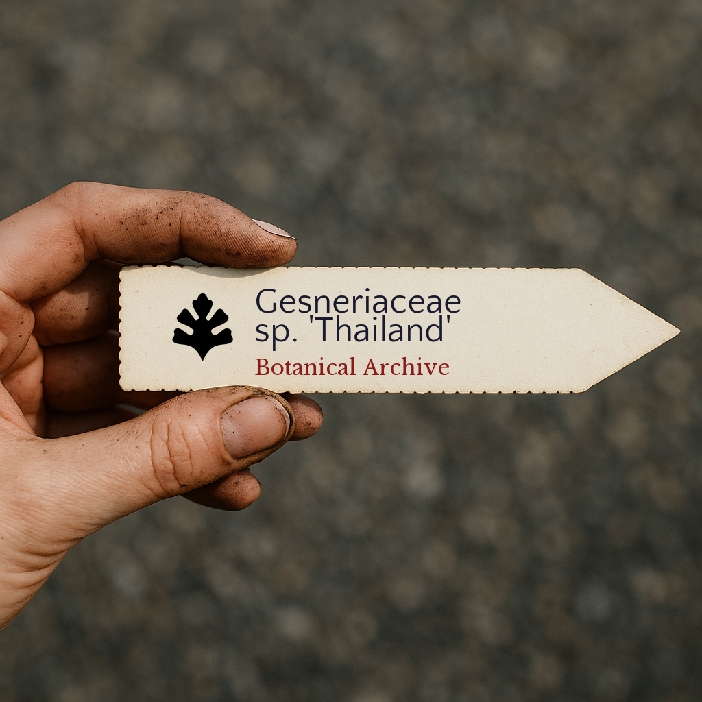 Printed plant label for Gesneriaceae sp. 'Thailand' held by dirty hand outdoors