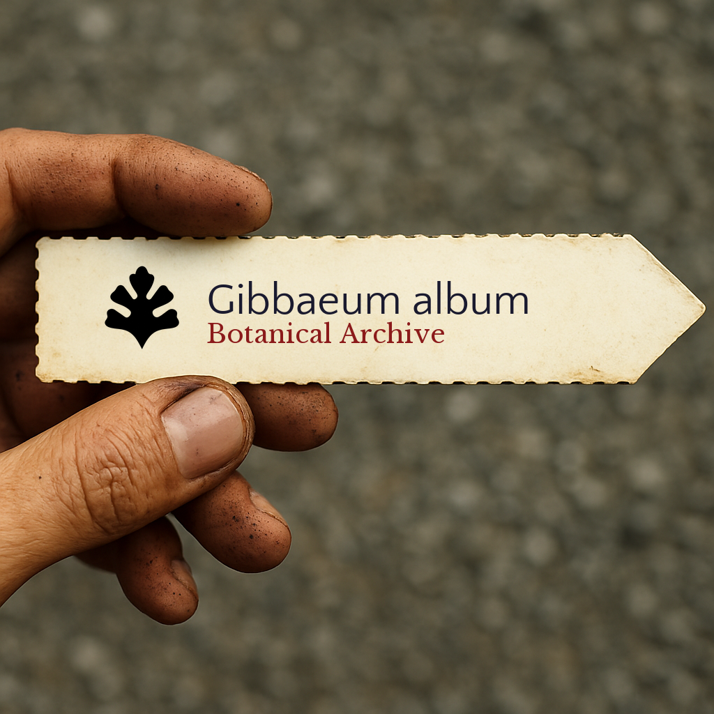 Etichetta stampata per pianta con il nome botanico Gibbaeum album tenuta da una mano sporca all'aperto
