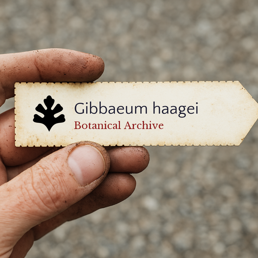 Printed plant label for Gibbaeum haagei held by dirty hand outdoors