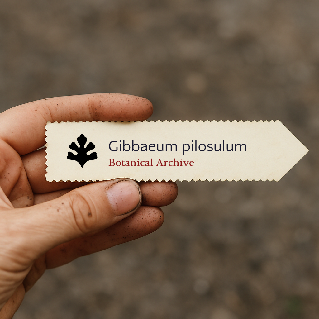 Etichetta per pianta stampata per Gibbaeum pilosulum con il logo di Botanical Archive tenuta a mano