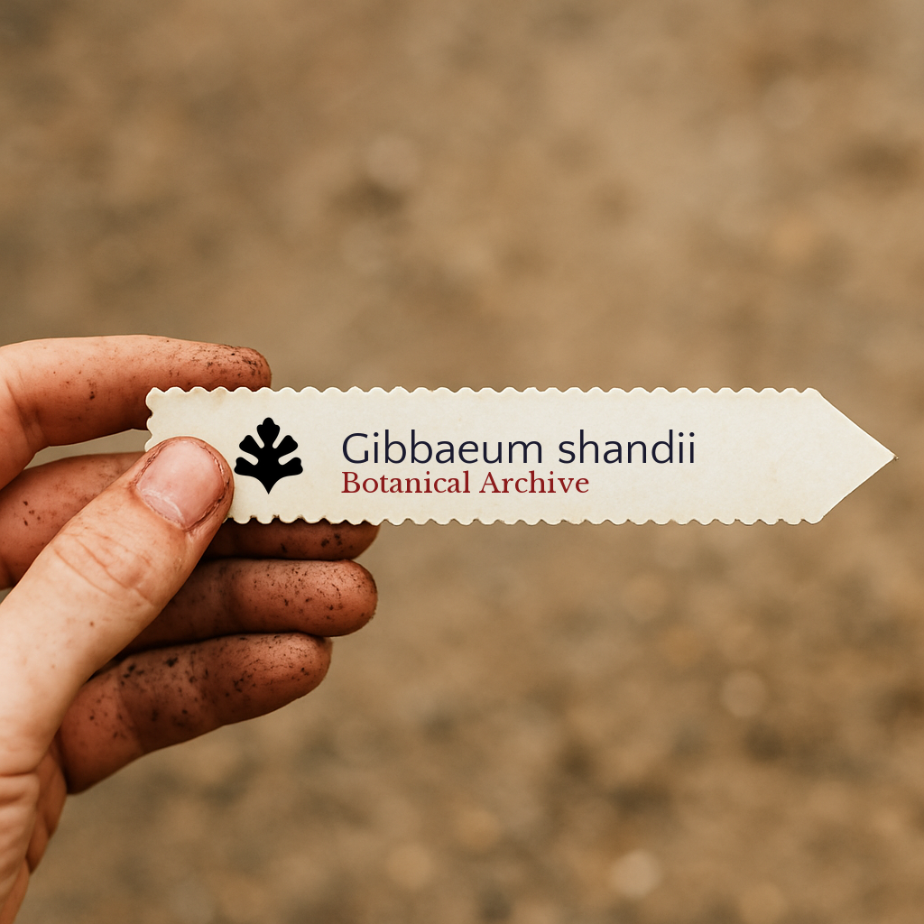 Etichetta stampata per pianta Gibbaeum shandii con logo Botanical Archive tenuta da mano sporca