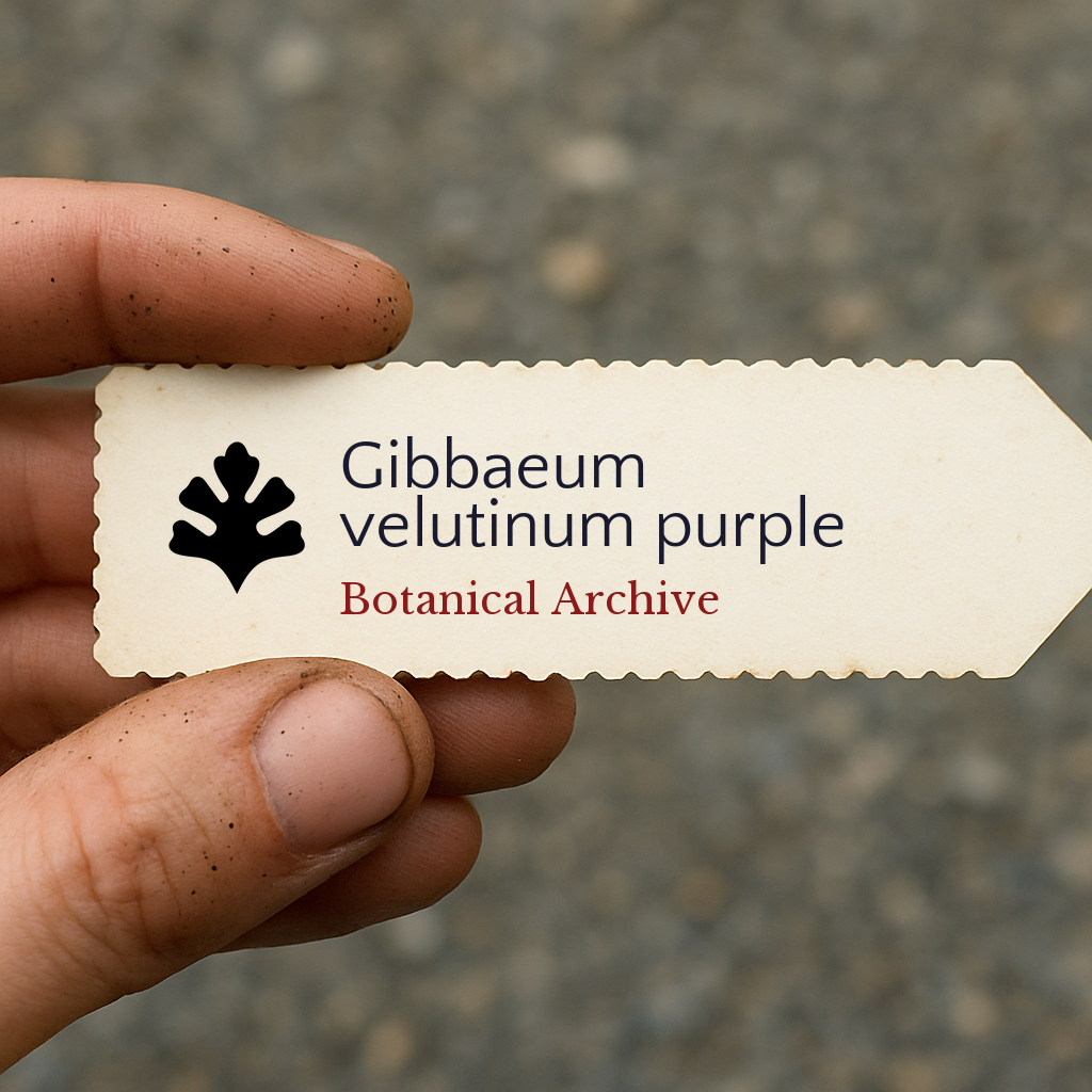 Etichetta per pianta stampata per Gibbaeum velutinum con logo Botanical Archive tenuta a mano