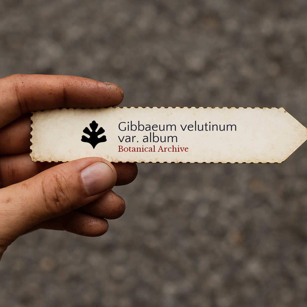 Printed plant label for Gibbaeum velutinum var. album held by dirty hand outdoors