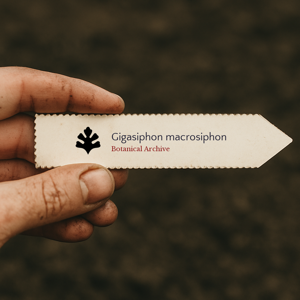 Printed plant label for Gigasiphon macrosiphon held by dirty hand outdoors