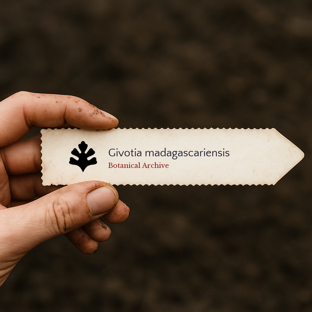 Etichetta per pianta di Givotia madagascariensis con il logo di Botanical Archive tenuta in mano
