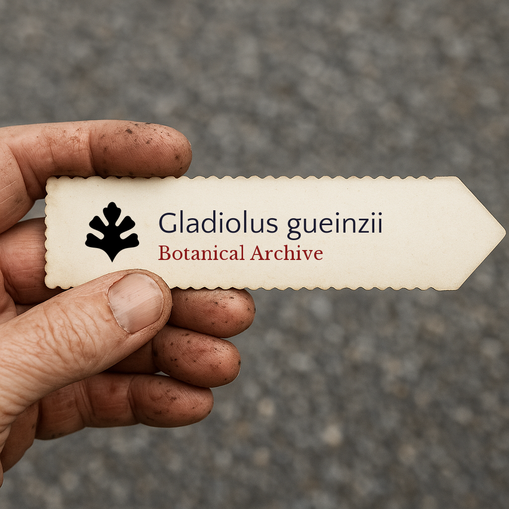 Etichetta per pianta stampata per Gladiolus gueinzii con il logo di Botanical Archive tenuta a mano