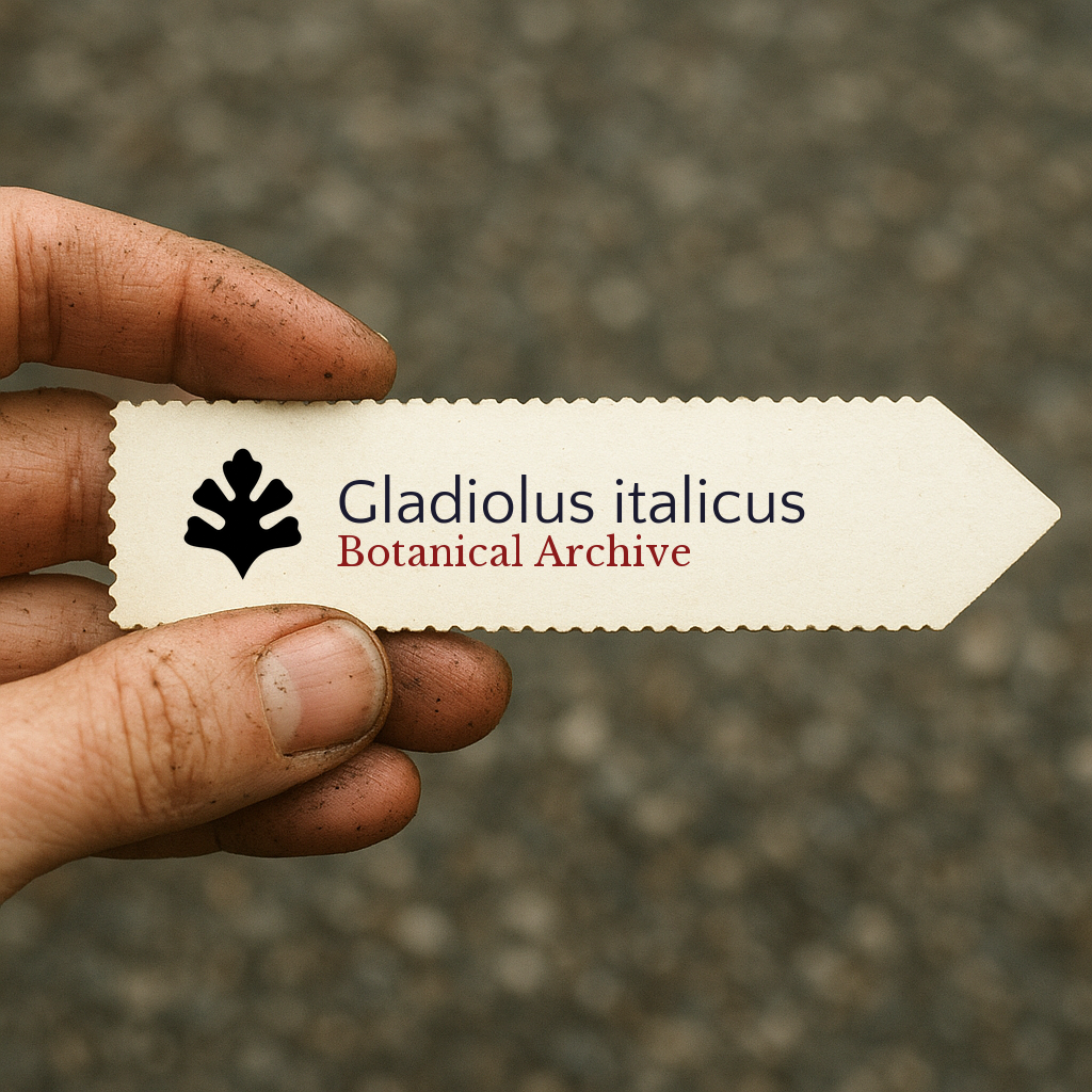 Printed plant label for Gladiolus italicus held by hand with dirt on fingers