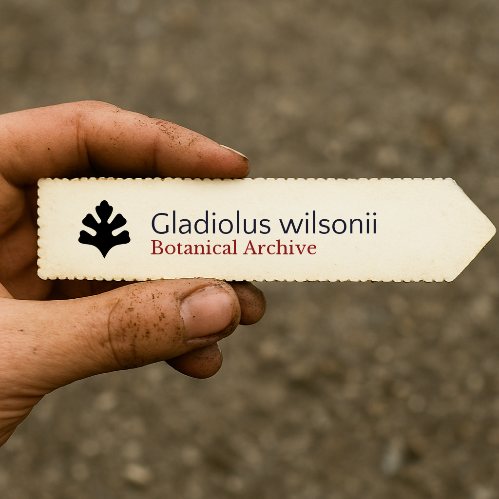 Etichetta per pianta stampata per Gladiolus wilsonii tenuta in mano con terra sulle dita