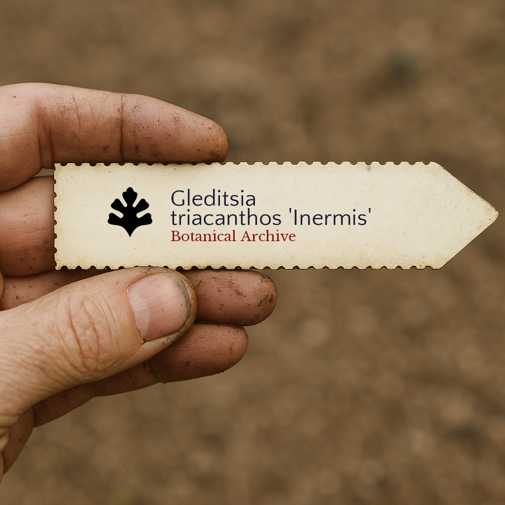 Printed plant label for Gleditsia triacanthos 'Inermis' held by dirty hand outdoors