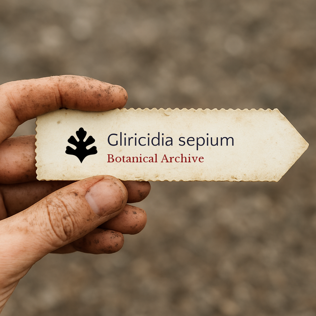 Printed plant label for Gliricidia sepium held by dirty hand with blurred background