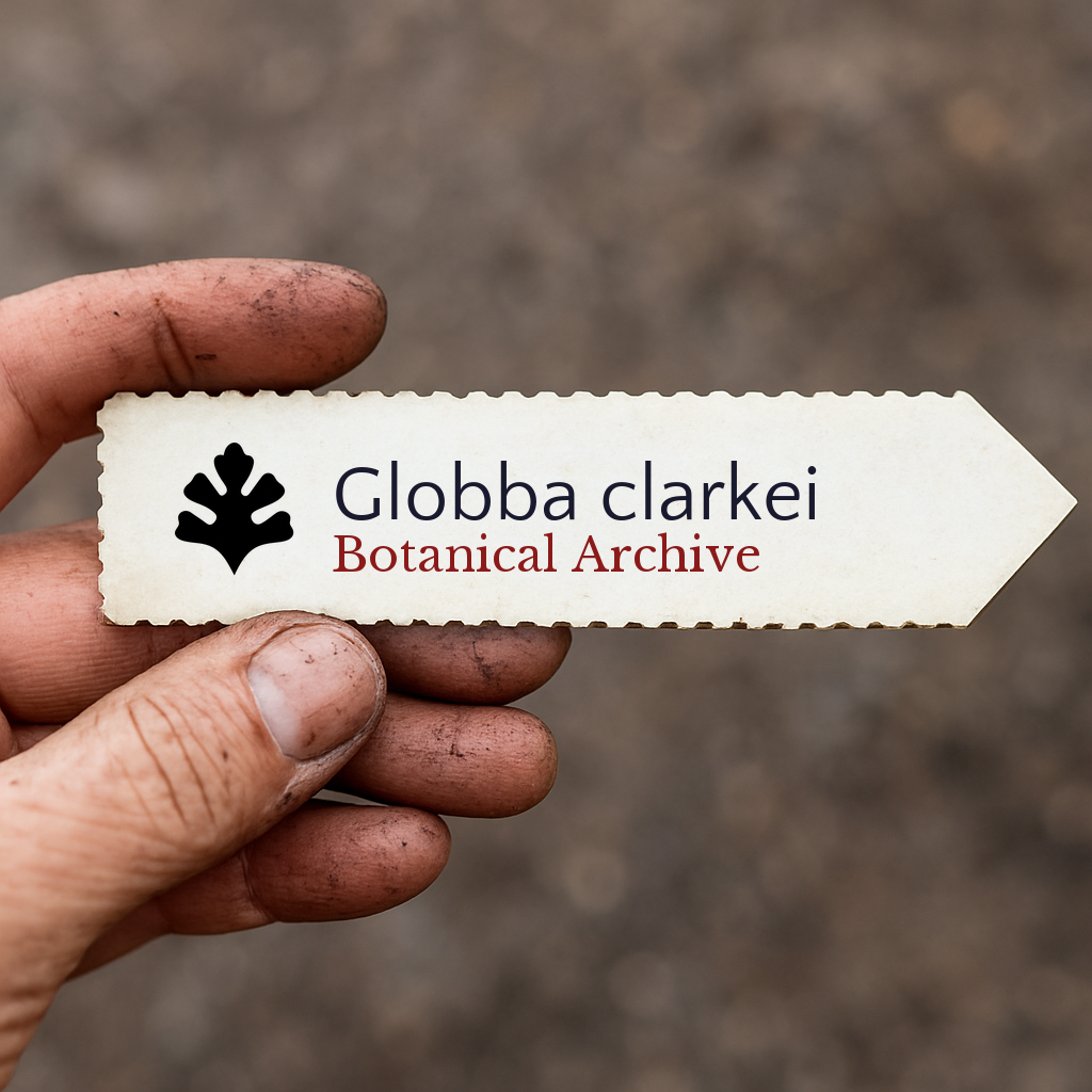 Printed plant label for Globba clarkei held by dirty hand with blurred background