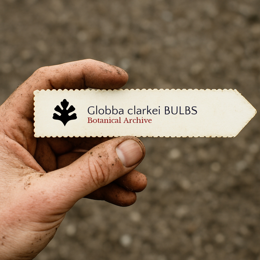 Printed plant label for Globba clarkei bulbs held by a dirt-covered hand outdoors