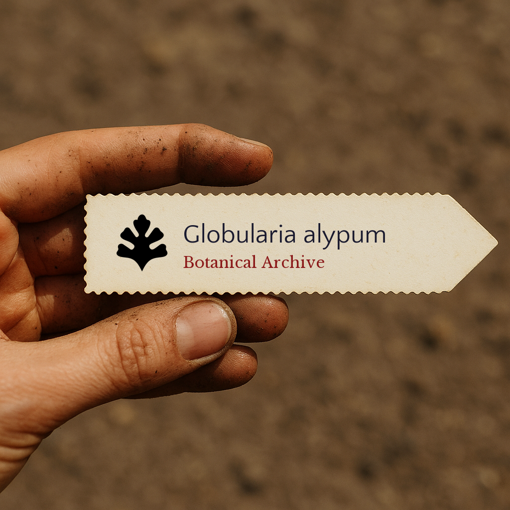 Printed plant label for Globularia alypum held in dirty hand outdoors