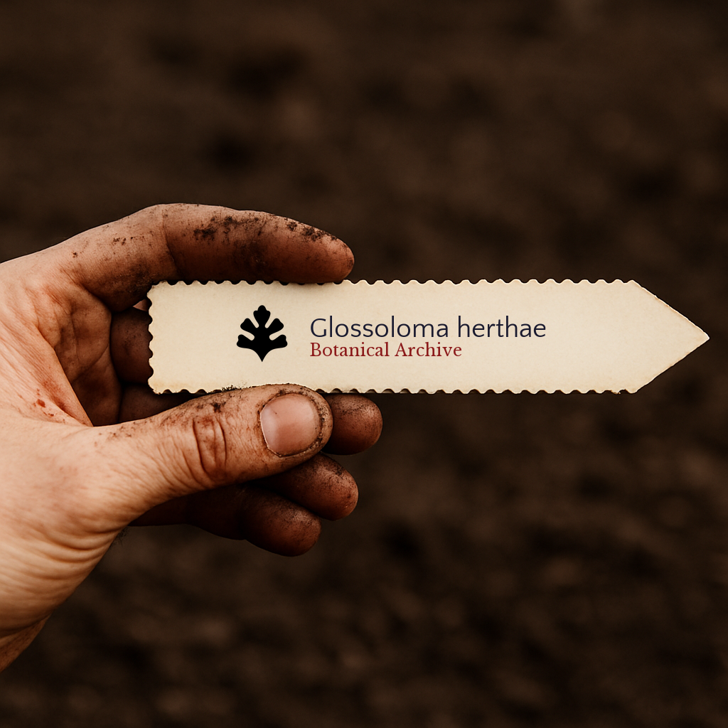 Printed plant label for Glossoloma herthae held by hand with soil background