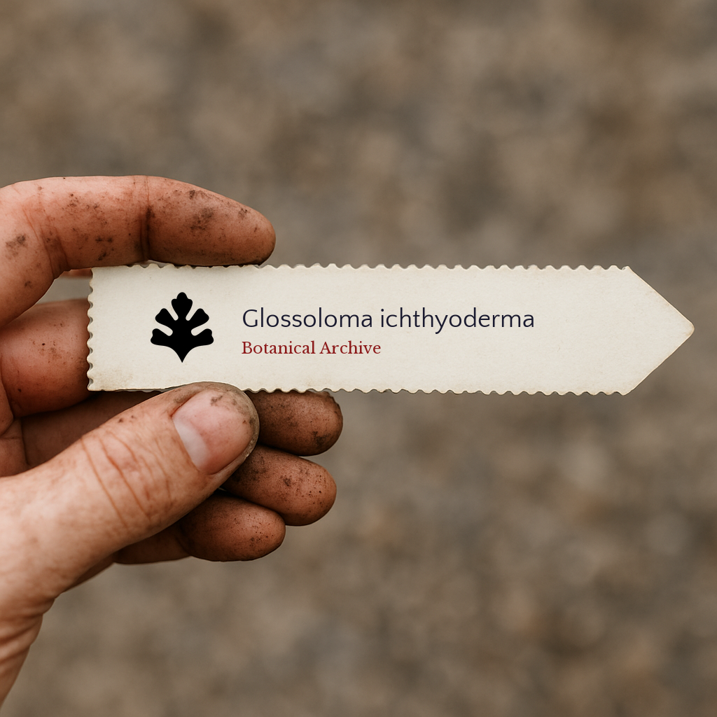 Printed plant label for Glossoloma ichthyoderma held by dirty hand outdoors