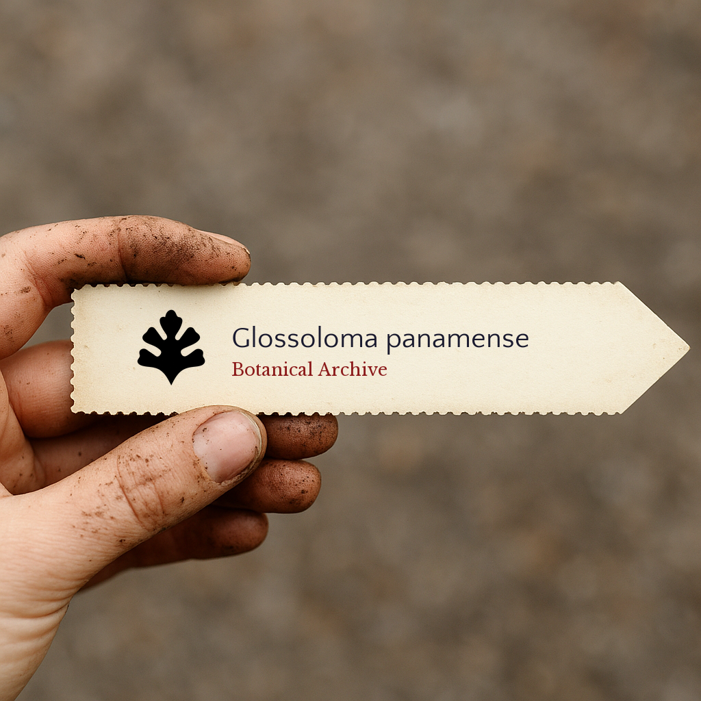 Printed plant label for Glossoloma panamense held by dirty hand on blurred background