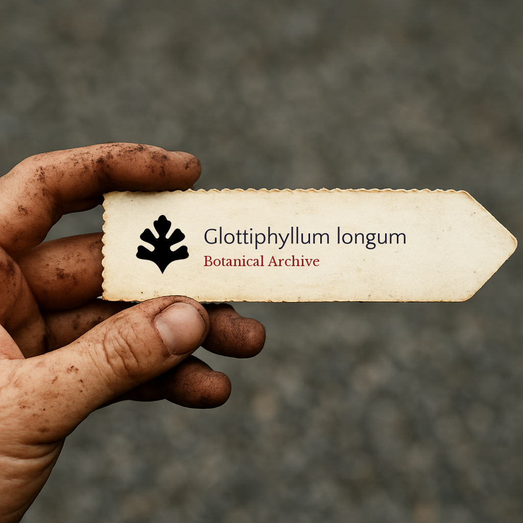 Plant label for Glottiphyllum longum held by dirty hand on blurred background