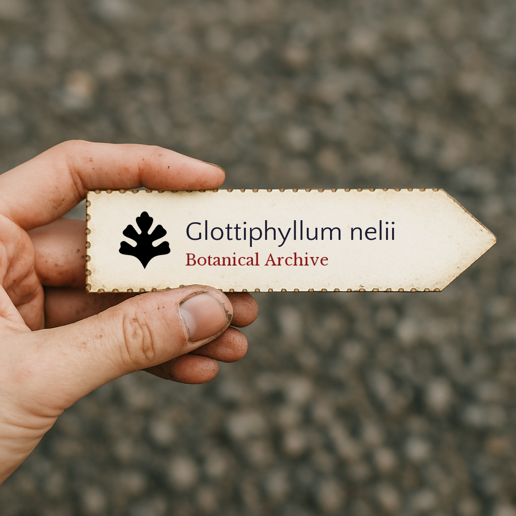 Etichetta rettangolare per pianta di Glottiphyllum nelii con logo Botanical Archive