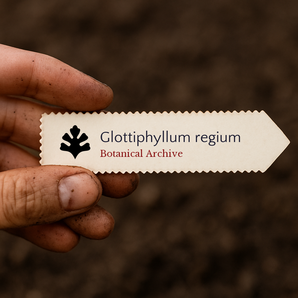 Printed plant label for Glottiphyllum regium held by dirty hand over soil background