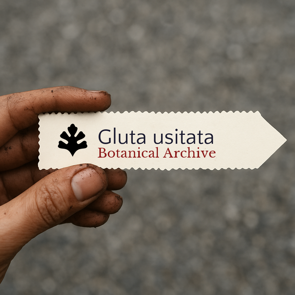 Printed plant label for Gluta usitata held by hand with dirt background