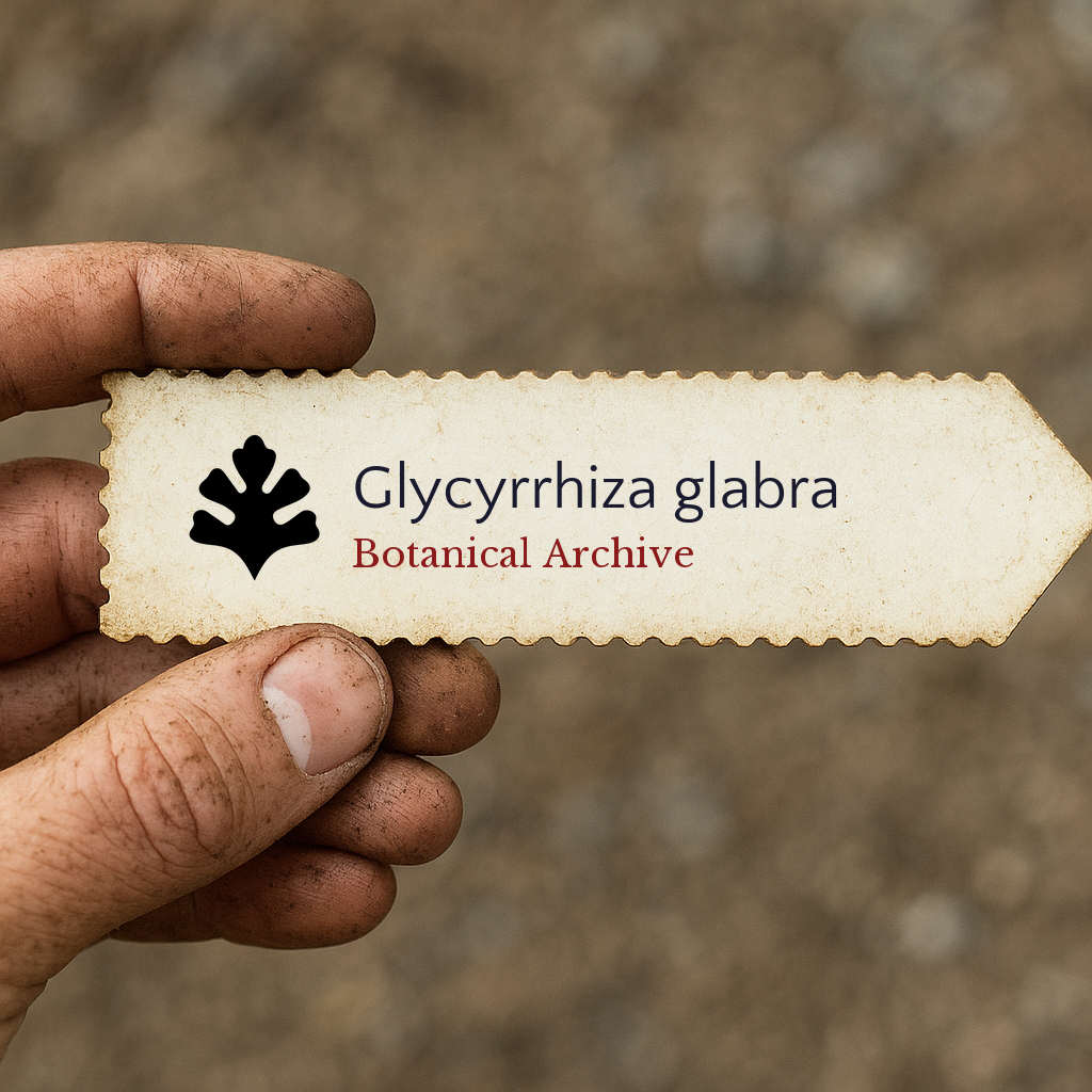 Printed plant label for Glycyrrhiza glabra held by dirty hand outdoors