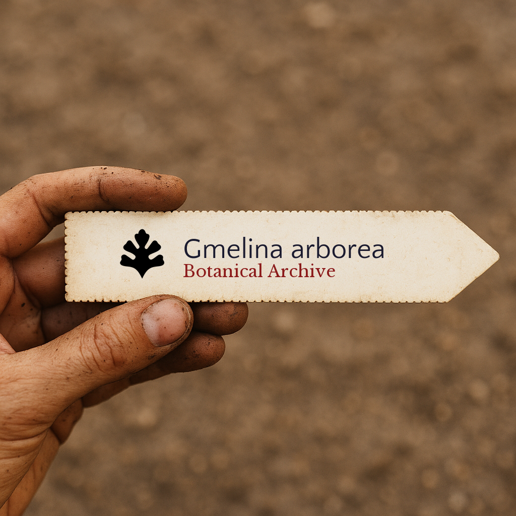 Printed plant label for Gmelina arborea held by hand with soil background