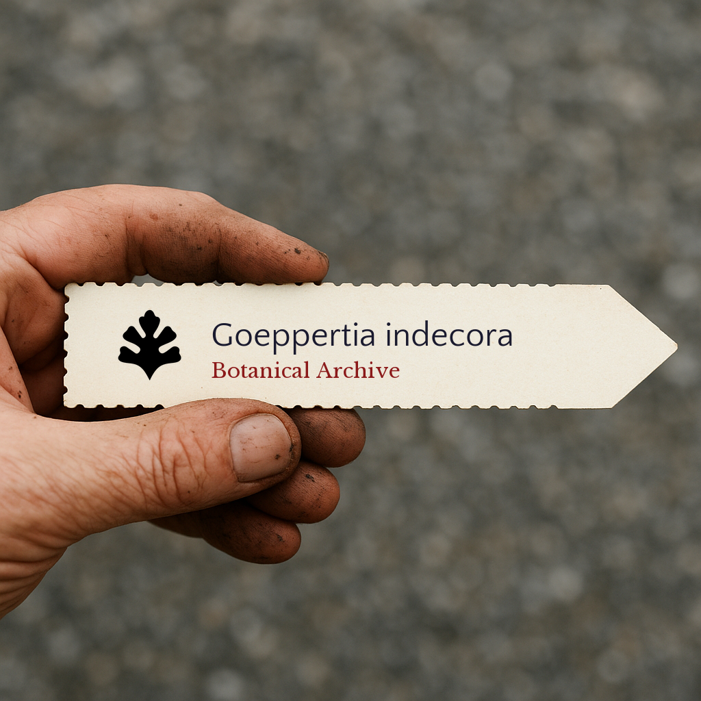 Etichetta botanica stampata per Goeppertia indecora tenuta da una mano sporca all'aperto