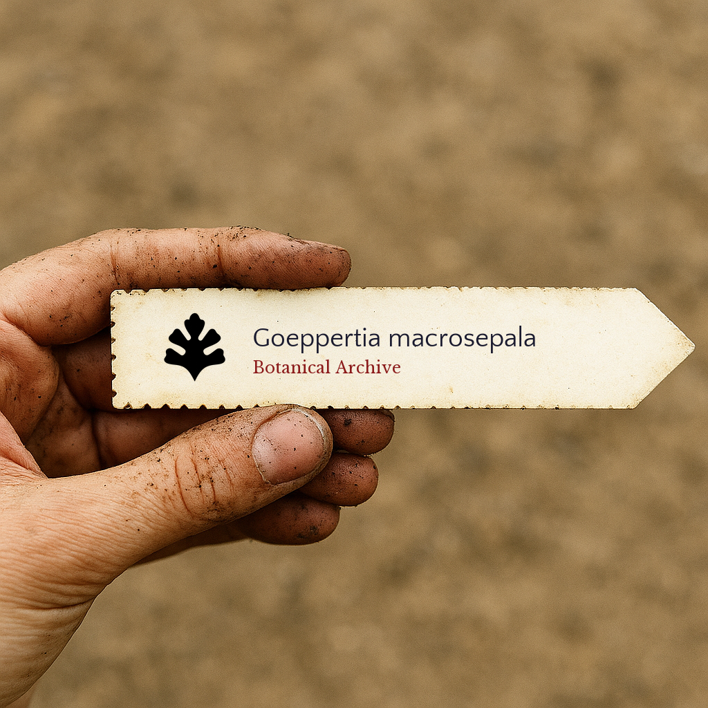 Printed plant label for Goeppertia macrosepala held by dirty hand outdoors
