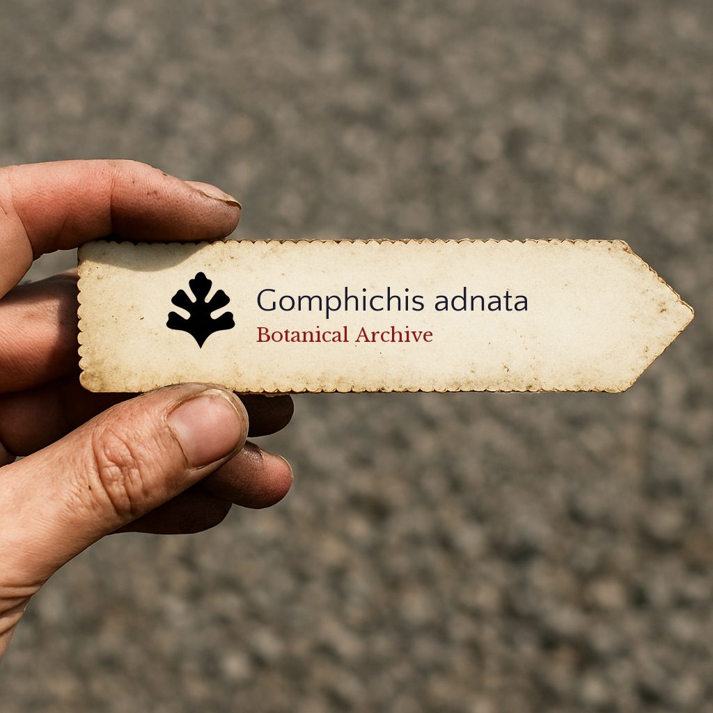 Printed vintage-style plant label for Gomphichis adnata held by hand outdoors