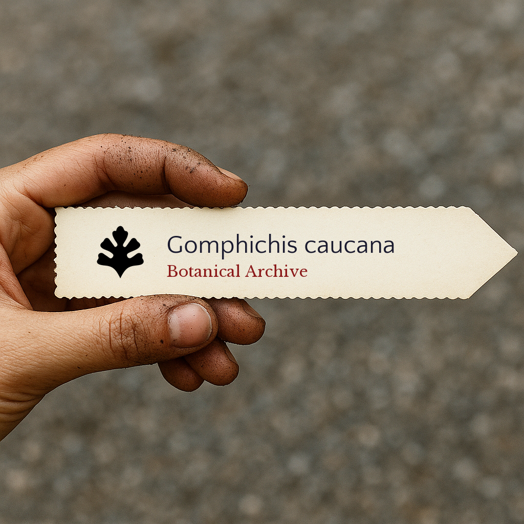 Etichetta stampata per pianta di Gomphichis caucana tenuta a mano con terra sulle dita