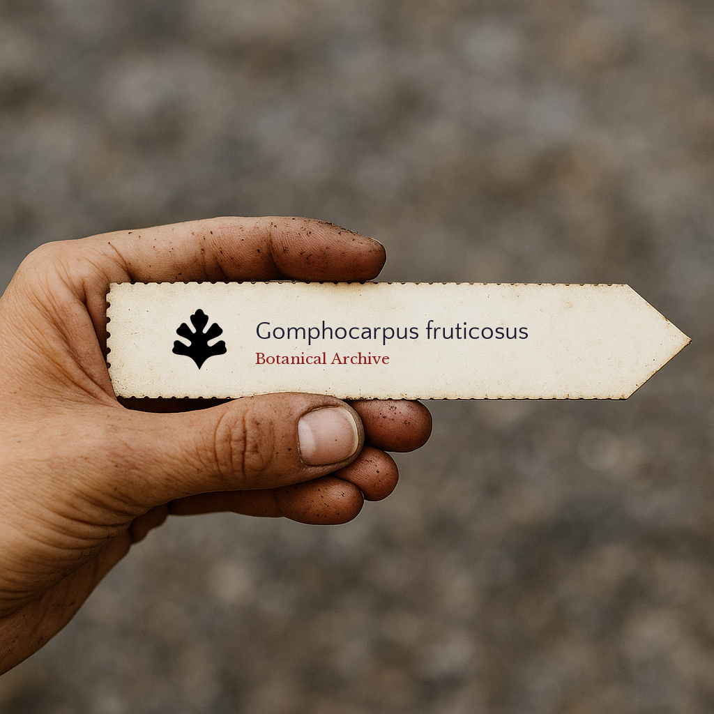 Printed plant label for Gomphocarpus fruticosus held in dirty hand outdoors