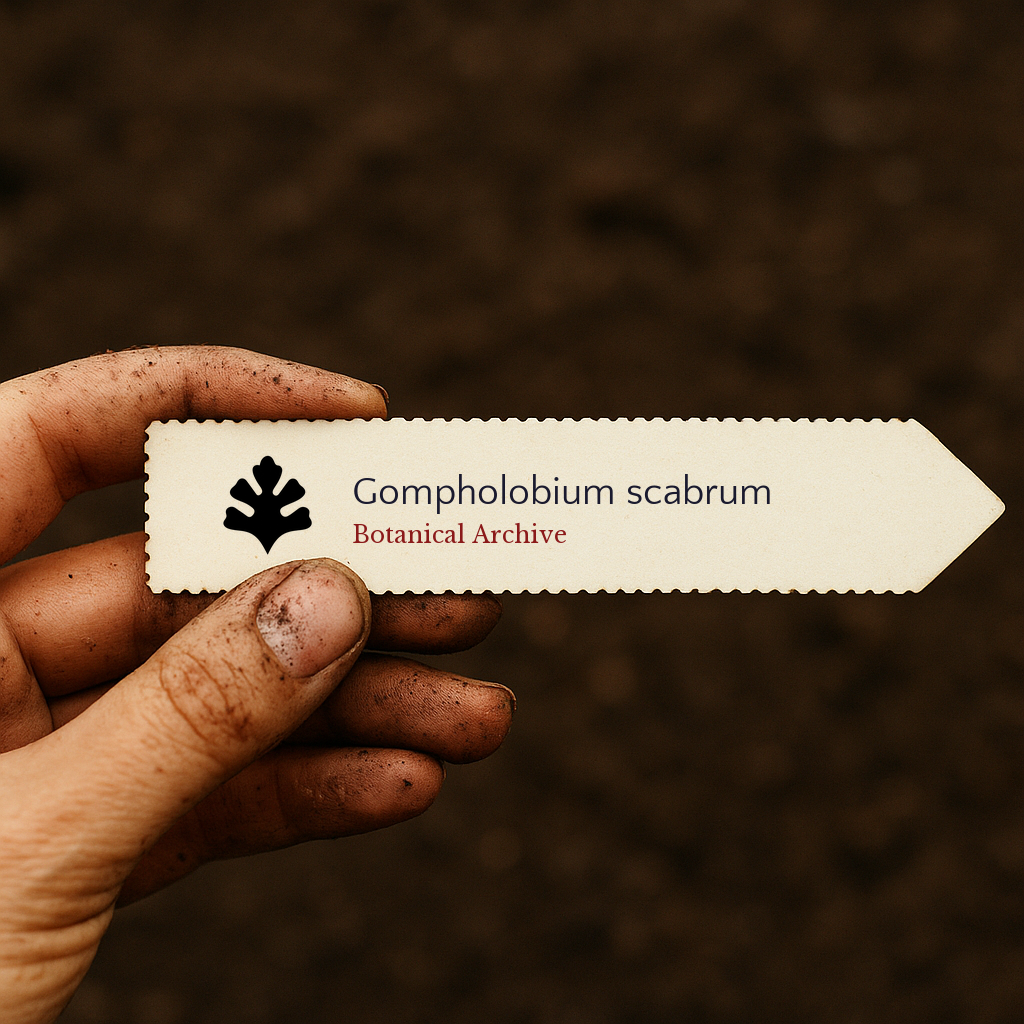 Printed plant label for Gompholobium scabrum held by dirty hand over soil background