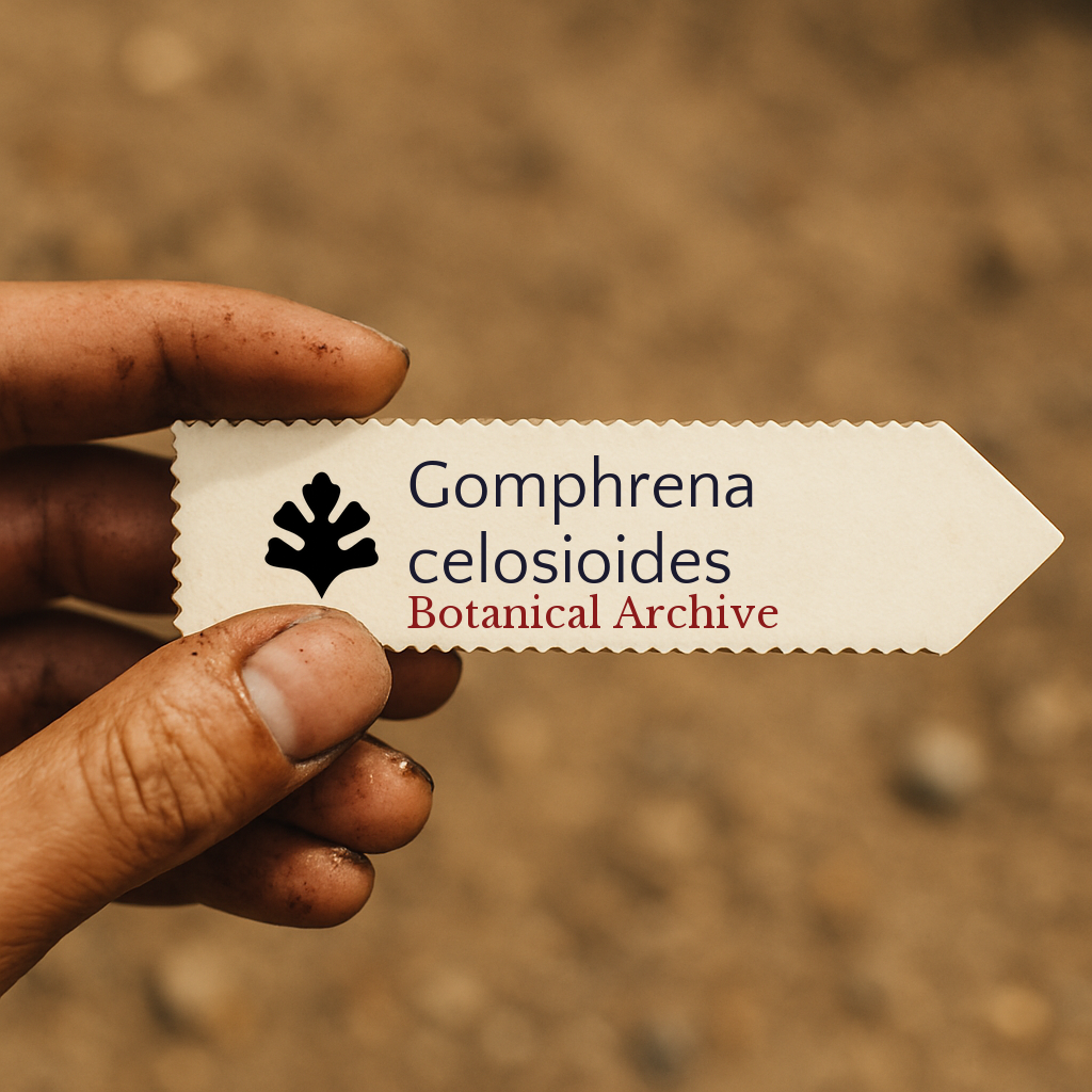 Etichetta stampata per pianta di Gomphrena celosioides tenuta a mano con sfondo di terra